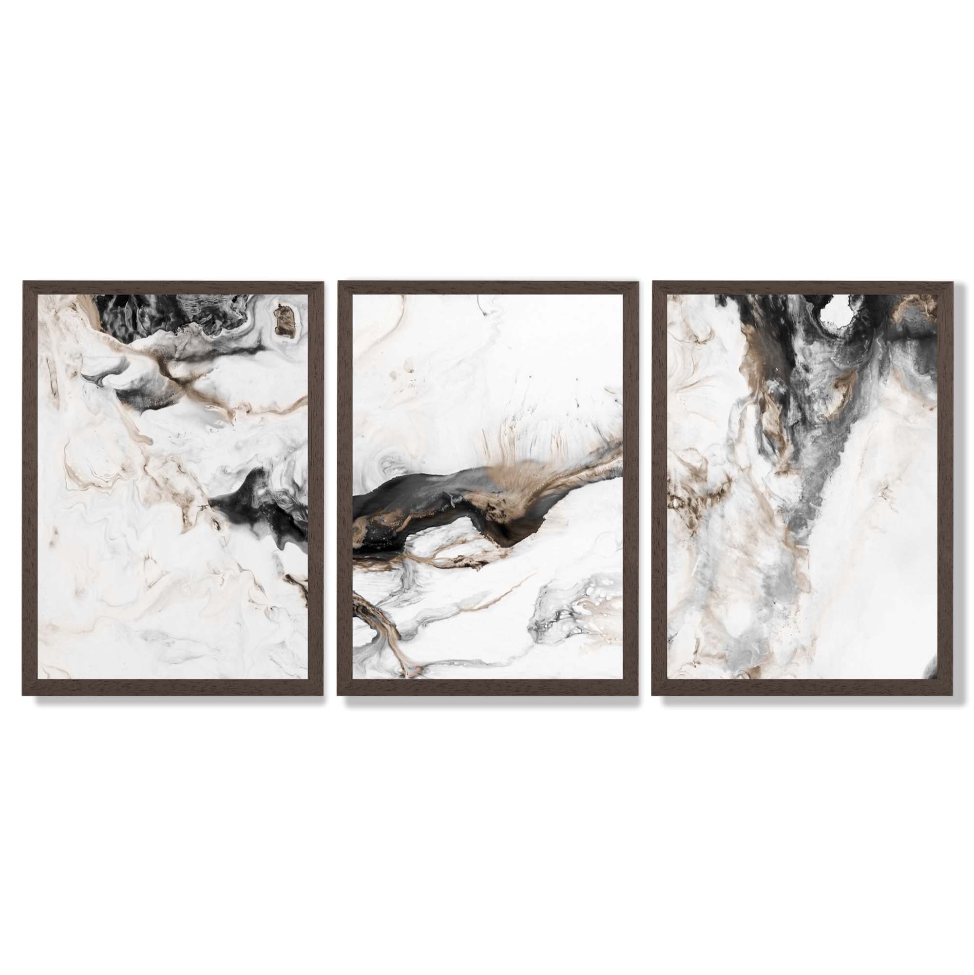 Set of 3 Abstract Beige and Black Framed Art Prints with Dark Wood Frames