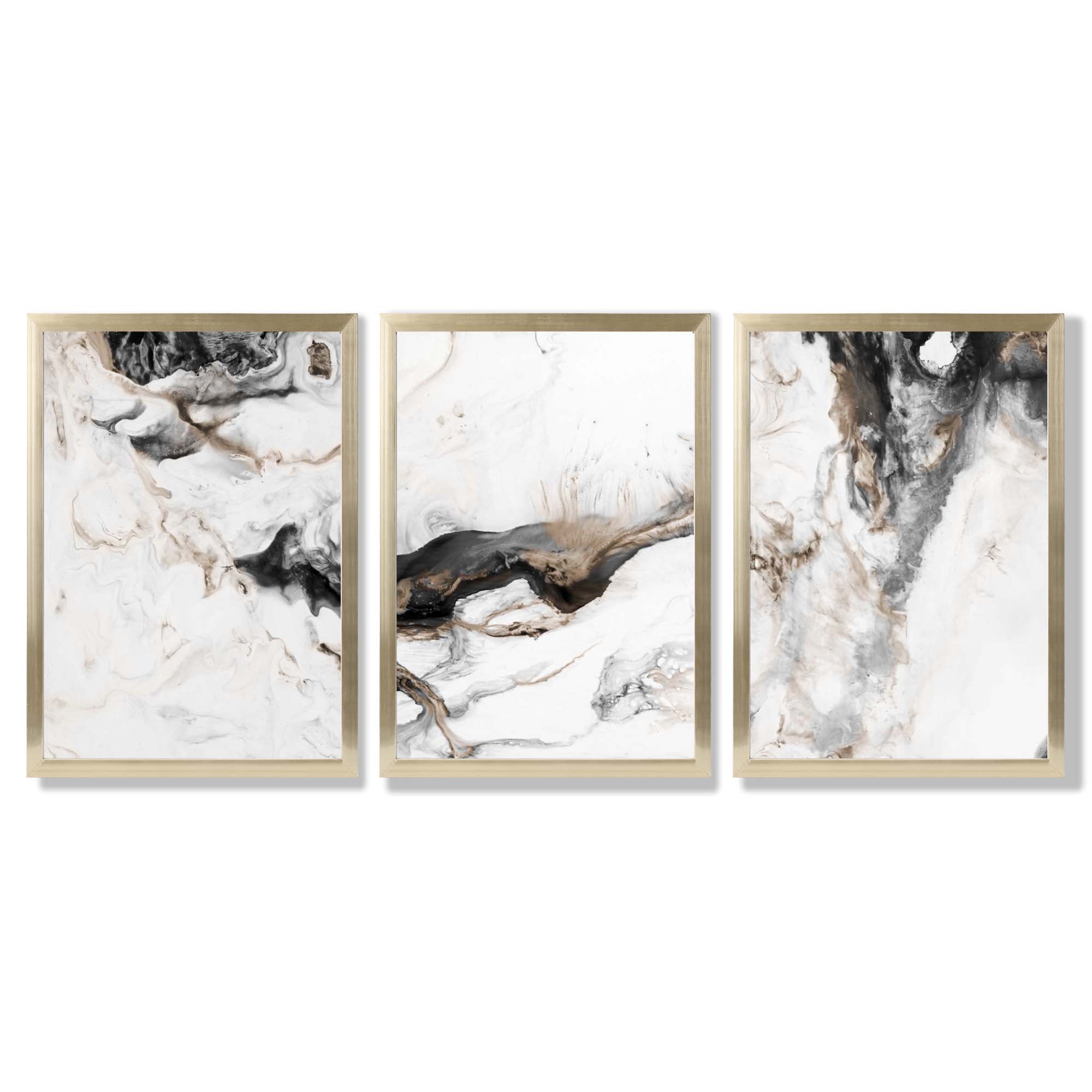 Set of 3 Abstract Beige and Black Framed Art Prints with Gold Wood Frames