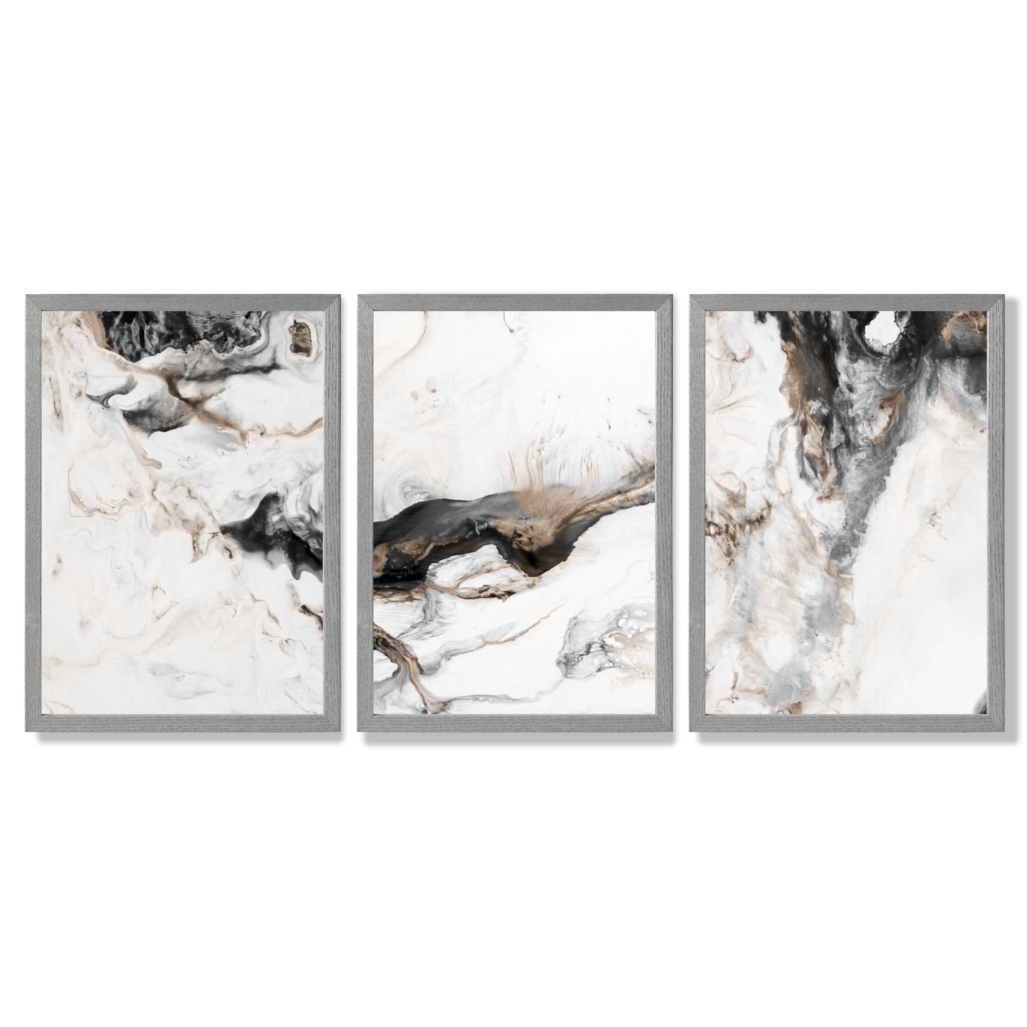 Set of 3 Abstract Beige and Black Framed Art Prints with Light Grey Wooden Frames