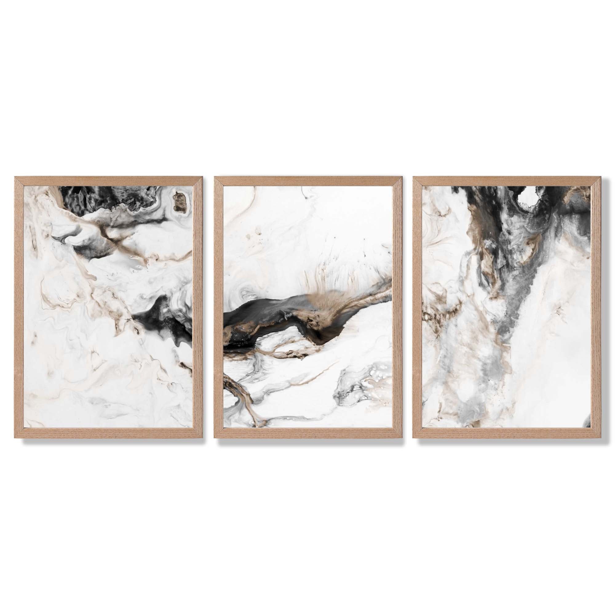 Set of 3 Abstract Beige and Black Framed Art Prints with Light Oak Frames
