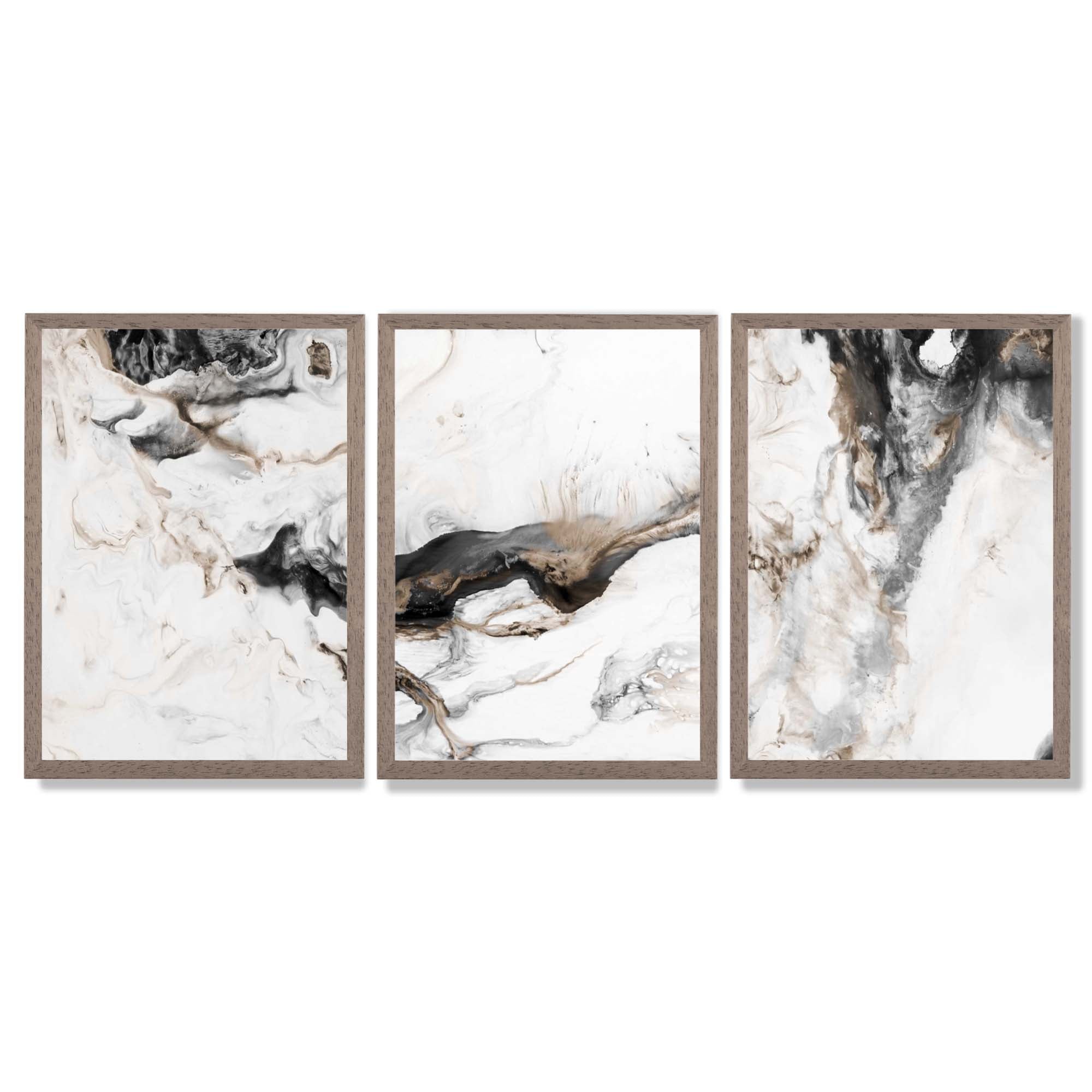 Set of 3 Abstract Beige and Black Framed Art Prints with Light Walnut Frames