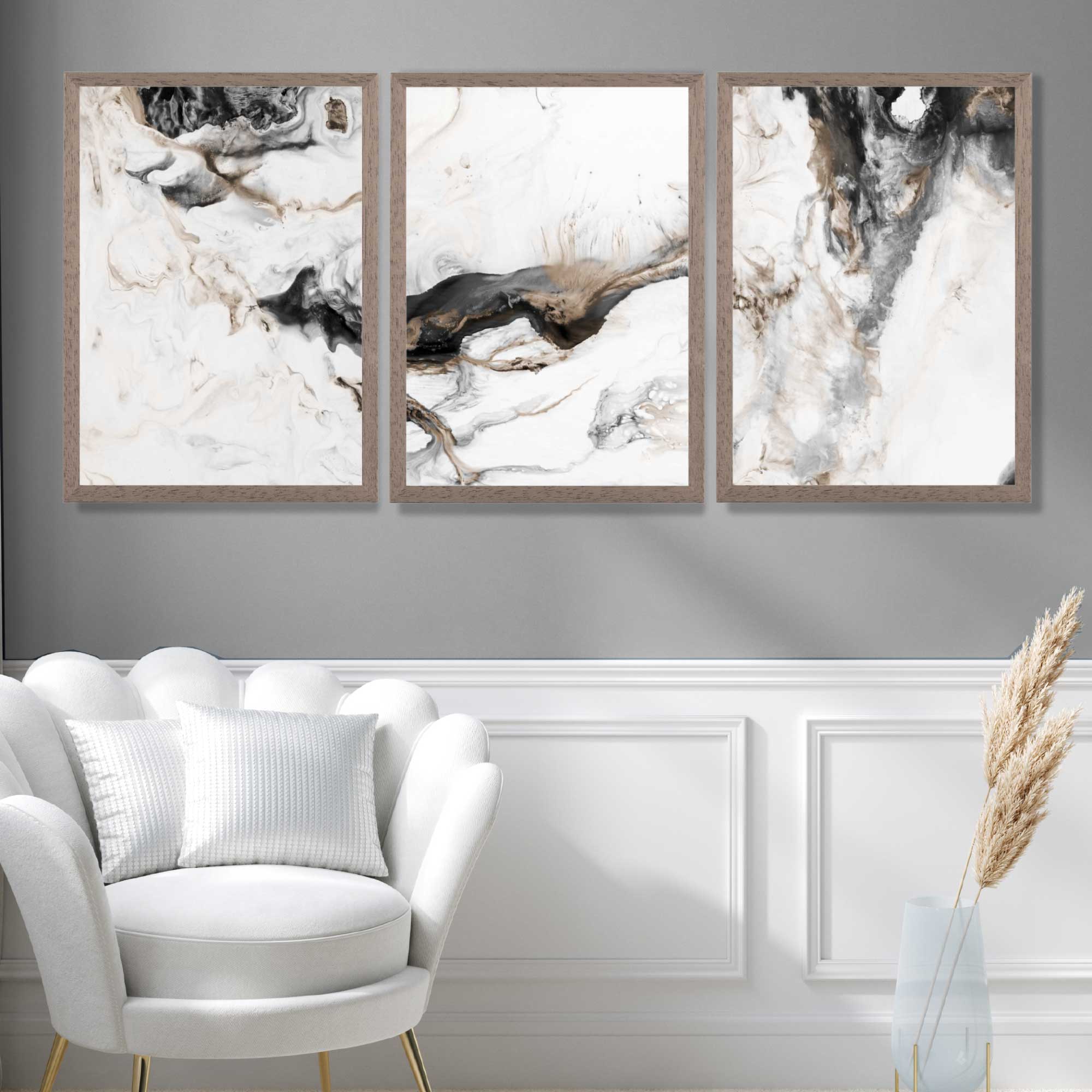 Set of 3 Abstract Beige and Black Art Prints in White Frames | Artze UK