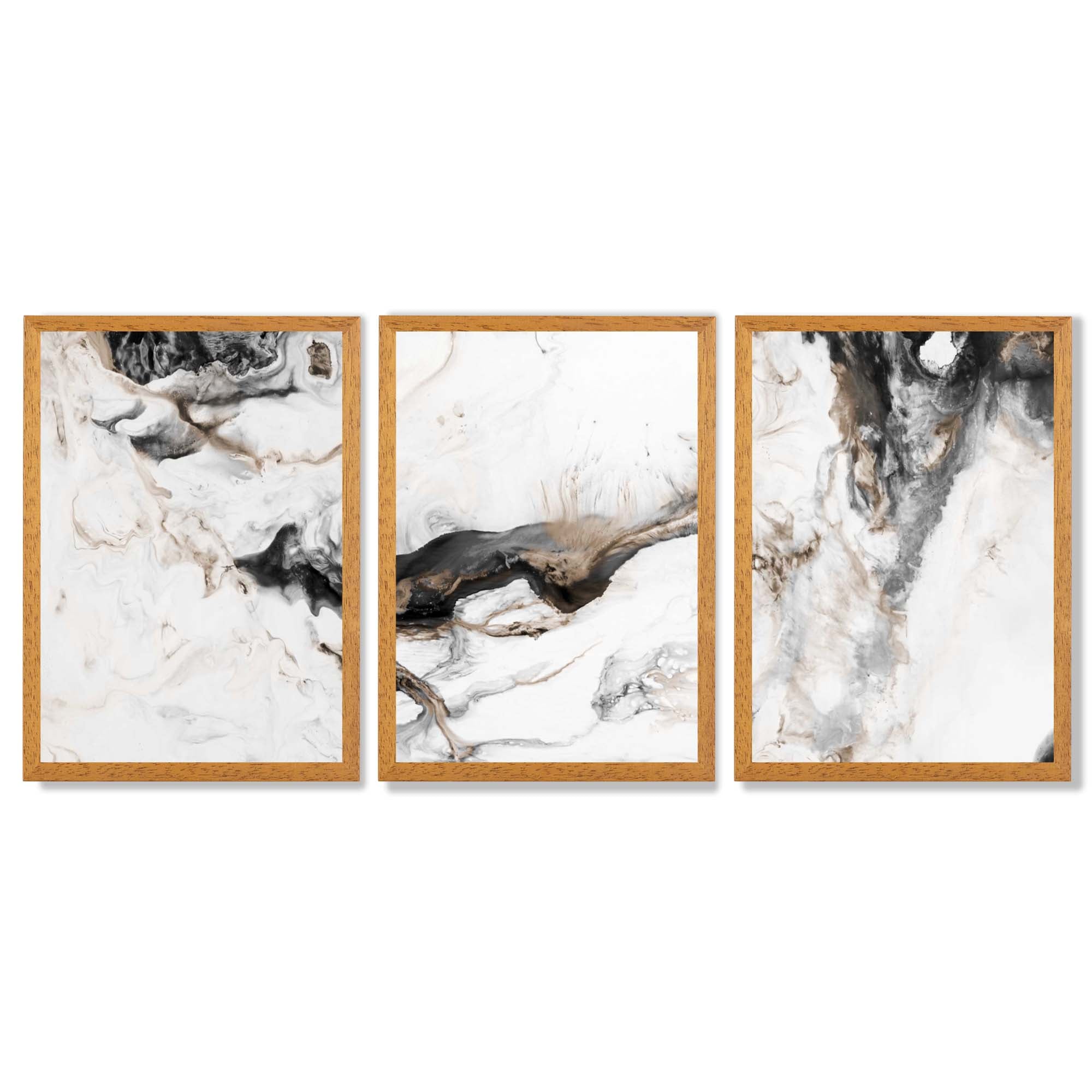 Set of 3 Abstract Beige and Black Framed Art Prints with Oak Wooden Frames