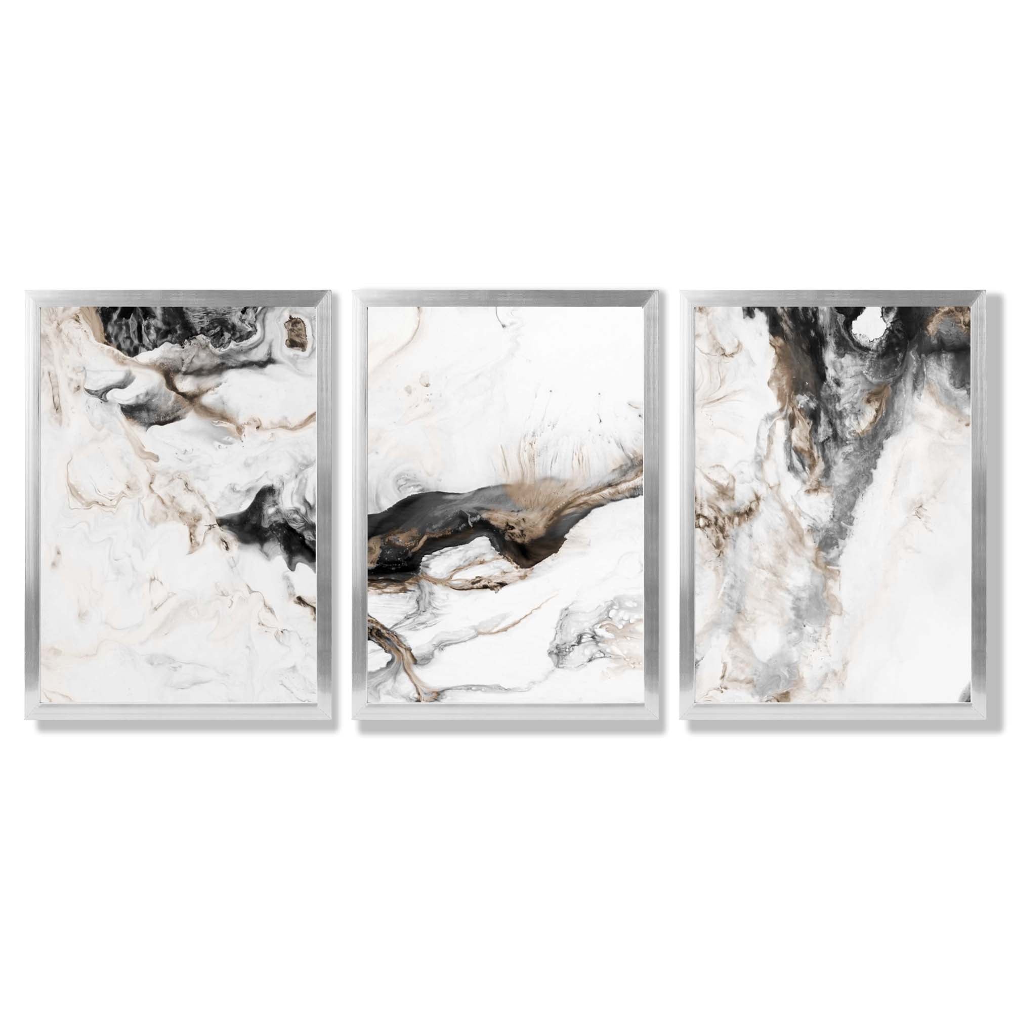 Set of 3 Abstract Beige and Black Framed Art Prints with Silver Wood Frames
