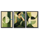 Set of 3 Abstract Green Lady Geometric Framed Art Prints with Black Wooden Frames