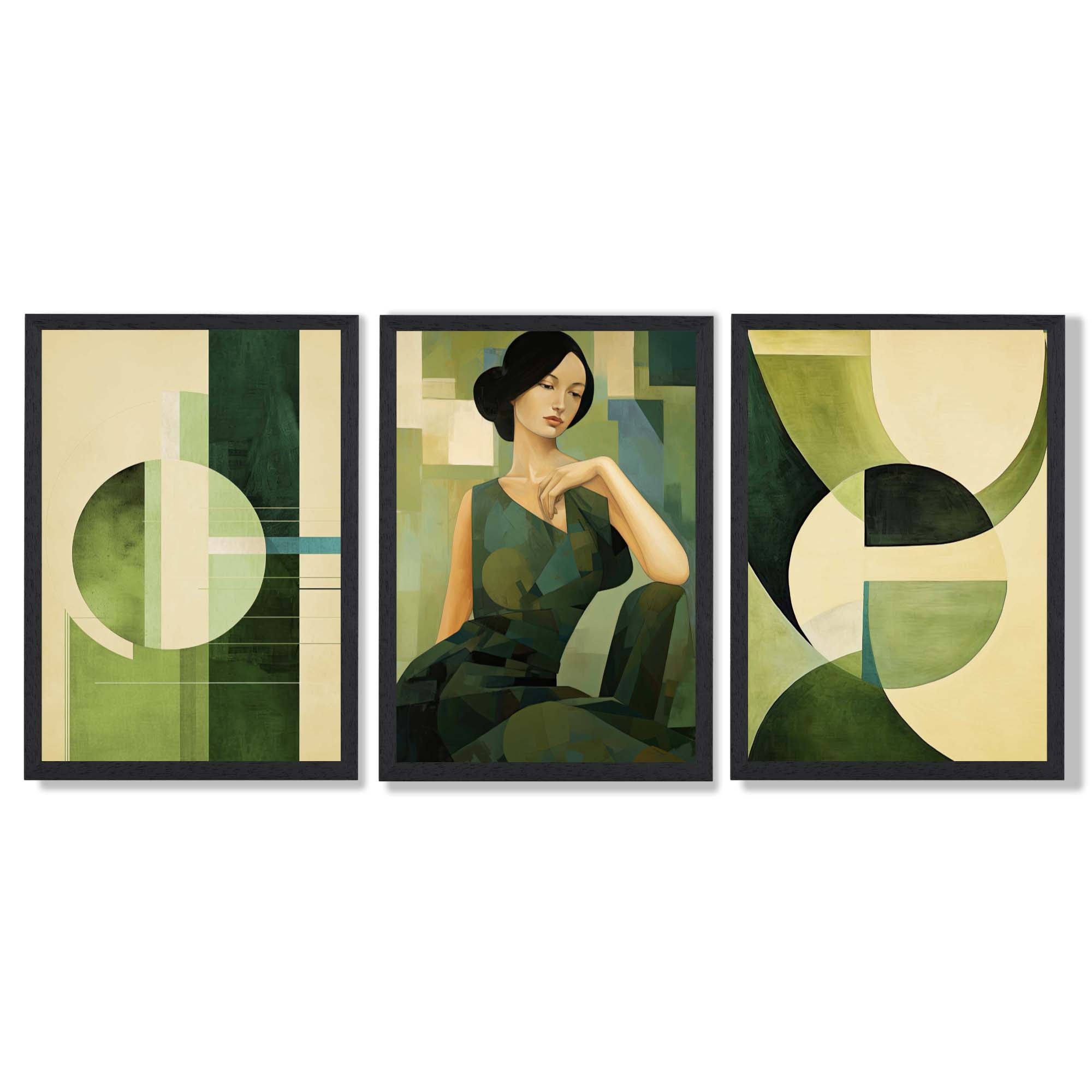 Set of 3 Abstract Green Lady Geometric Framed Art Prints with Black Wooden Frames