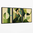 Set of 3 Abstract Green Lady Geometric Canvas Art Prints with Black Float Frame