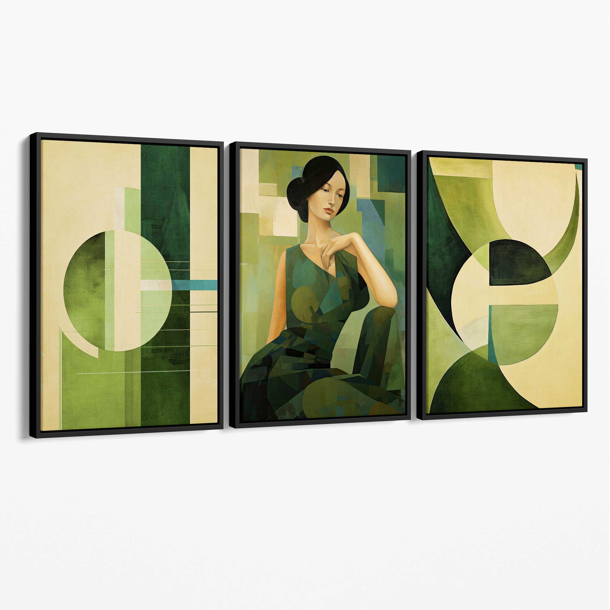 Set of 3 Abstract Green Lady Geometric Canvas Art Prints with Black Float Frame