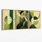 Set of 3 Abstract Green Lady Geometric Canvas Art Prints with Oak Float Frame