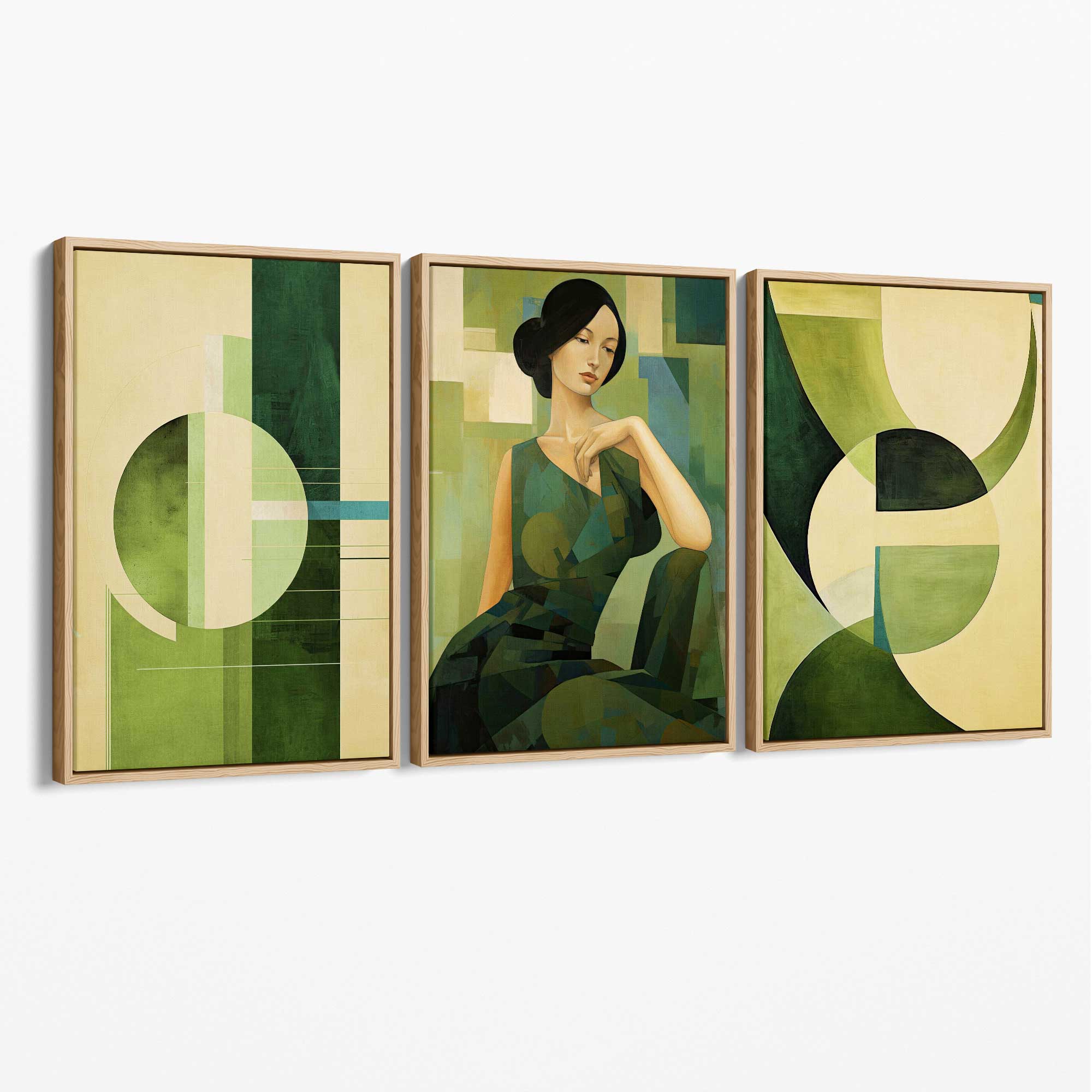 Set of 3 Abstract Green Lady Geometric Canvas Art Prints with Oak Float Frame