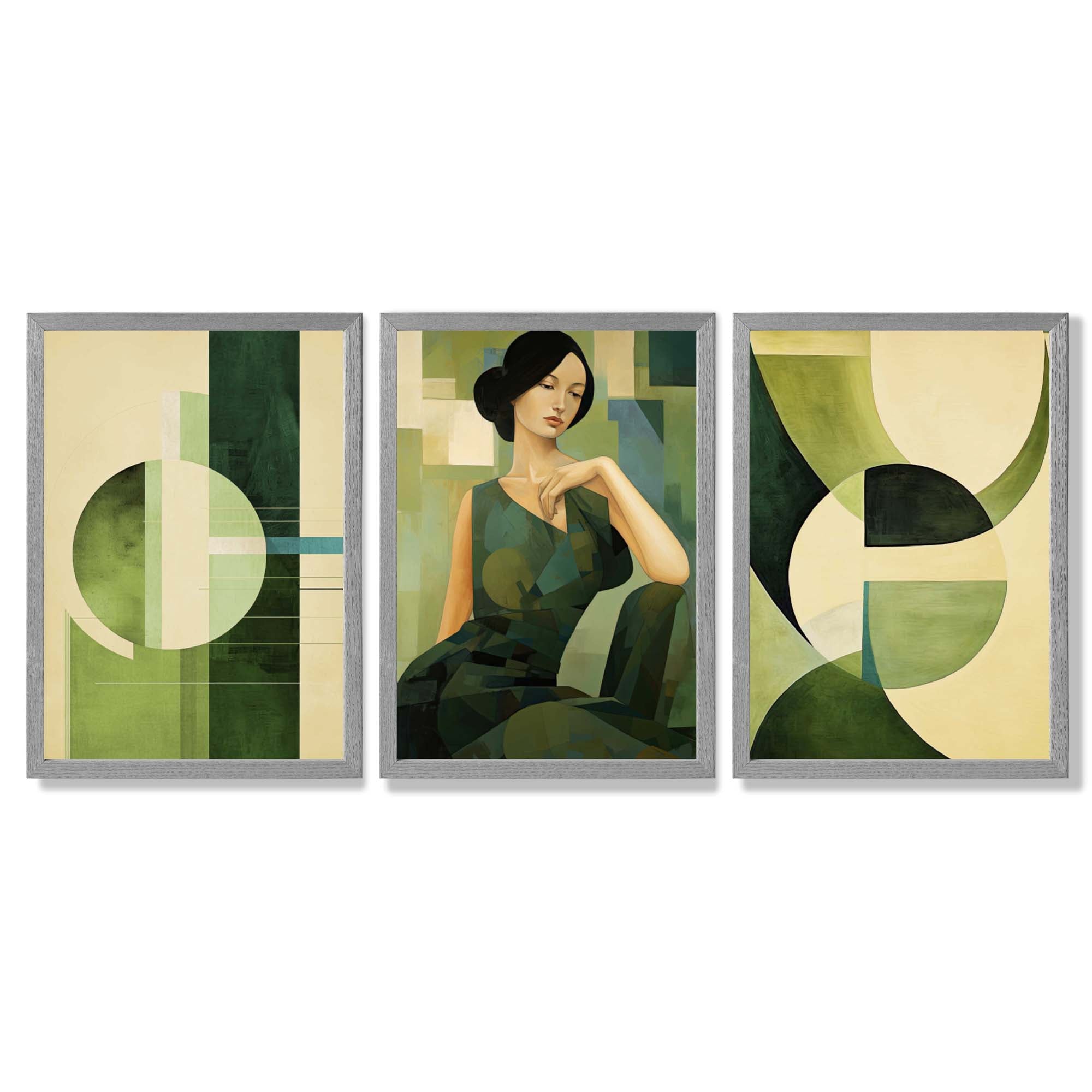 Set of 3 Abstract Green Lady Geometric Framed Art Prints with Light Grey Wooden Frames