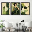Set of 3 Abstract Green Lady Geometric Art Prints in White Frames | Artze UK