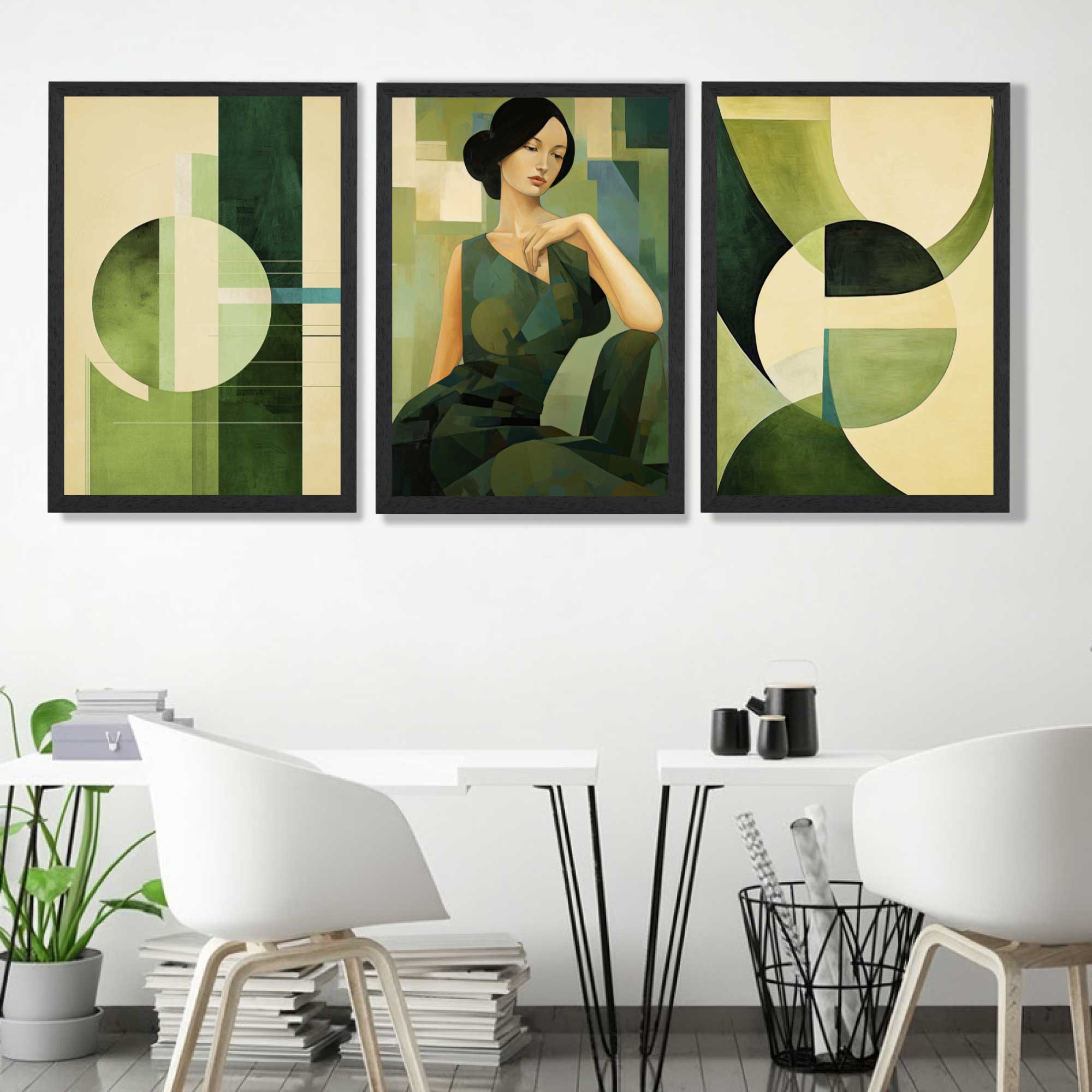 Set of 3 Abstract Green Lady Geometric Art Prints in White Frames | Artze UK