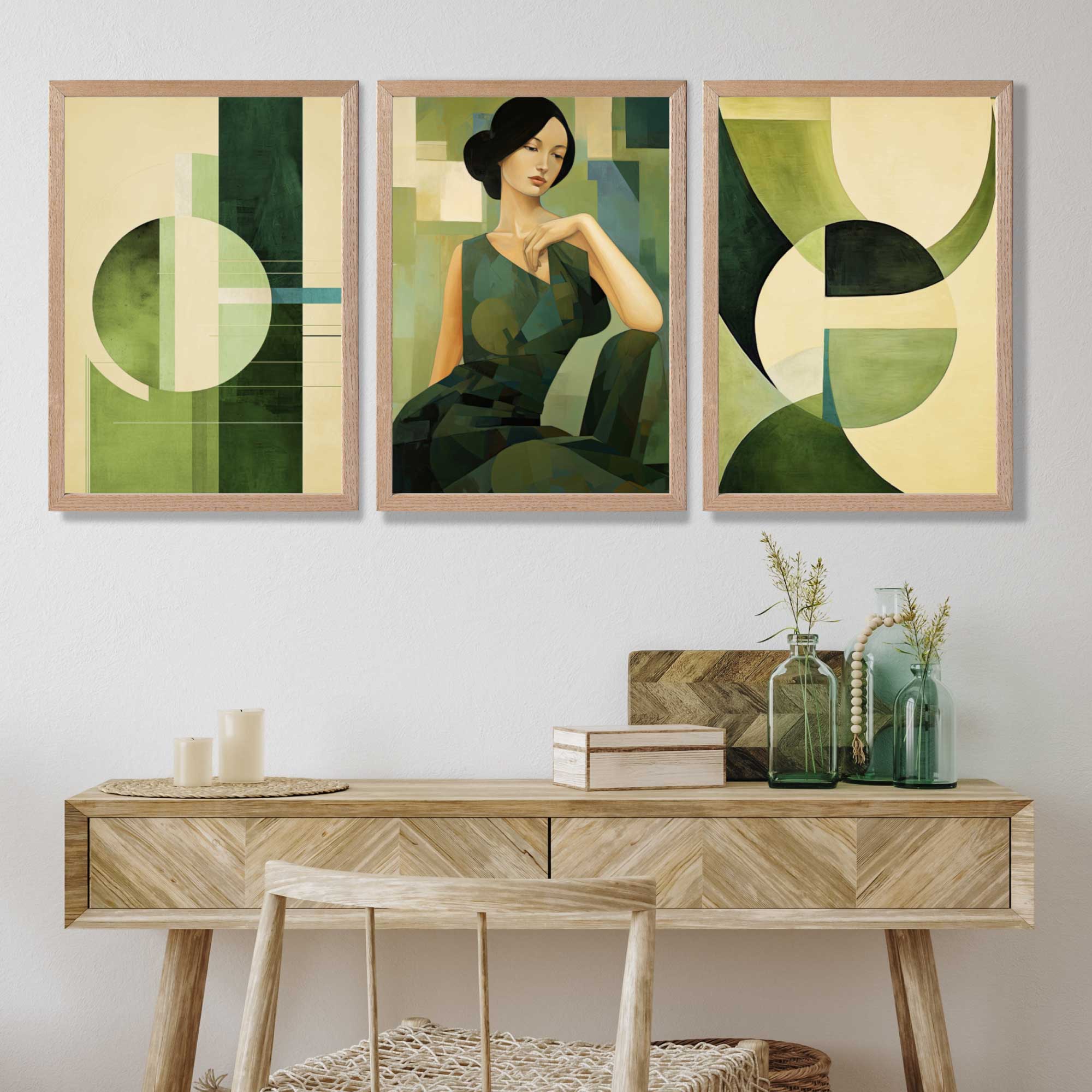 Set of 3 Abstract Green Lady Geometric Art Prints in Oak Frames | Artze UK
