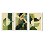 Set of 3 Abstract Green Lady Geometric Framed Art Prints with White Wooden Frames