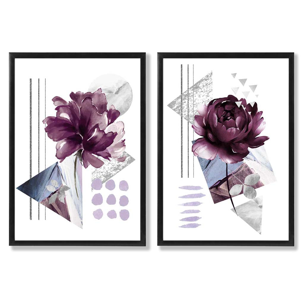 Contemporary Flowers in Purple Set of 2 Art Prints with Black Frame