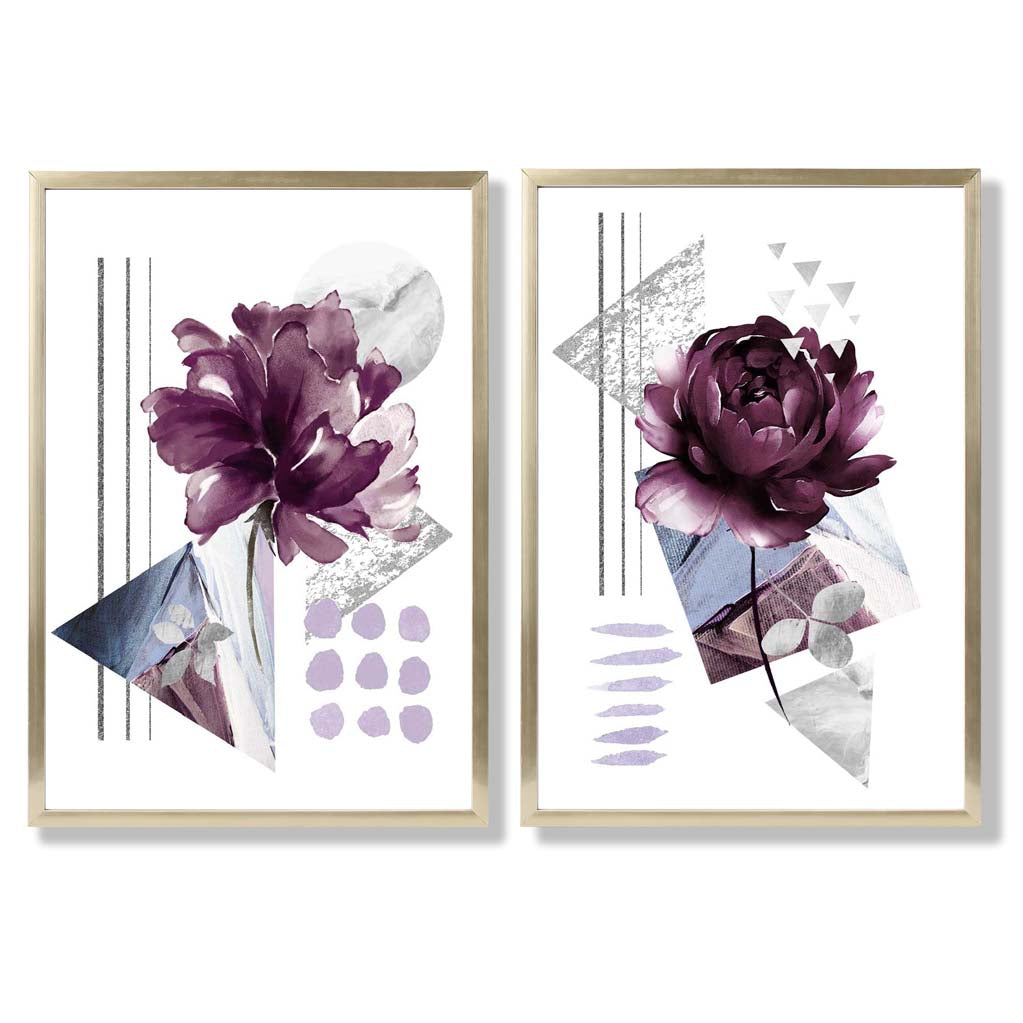 Contemporary Flowers in Purple Set of 2 Art Prints with Gold Frame