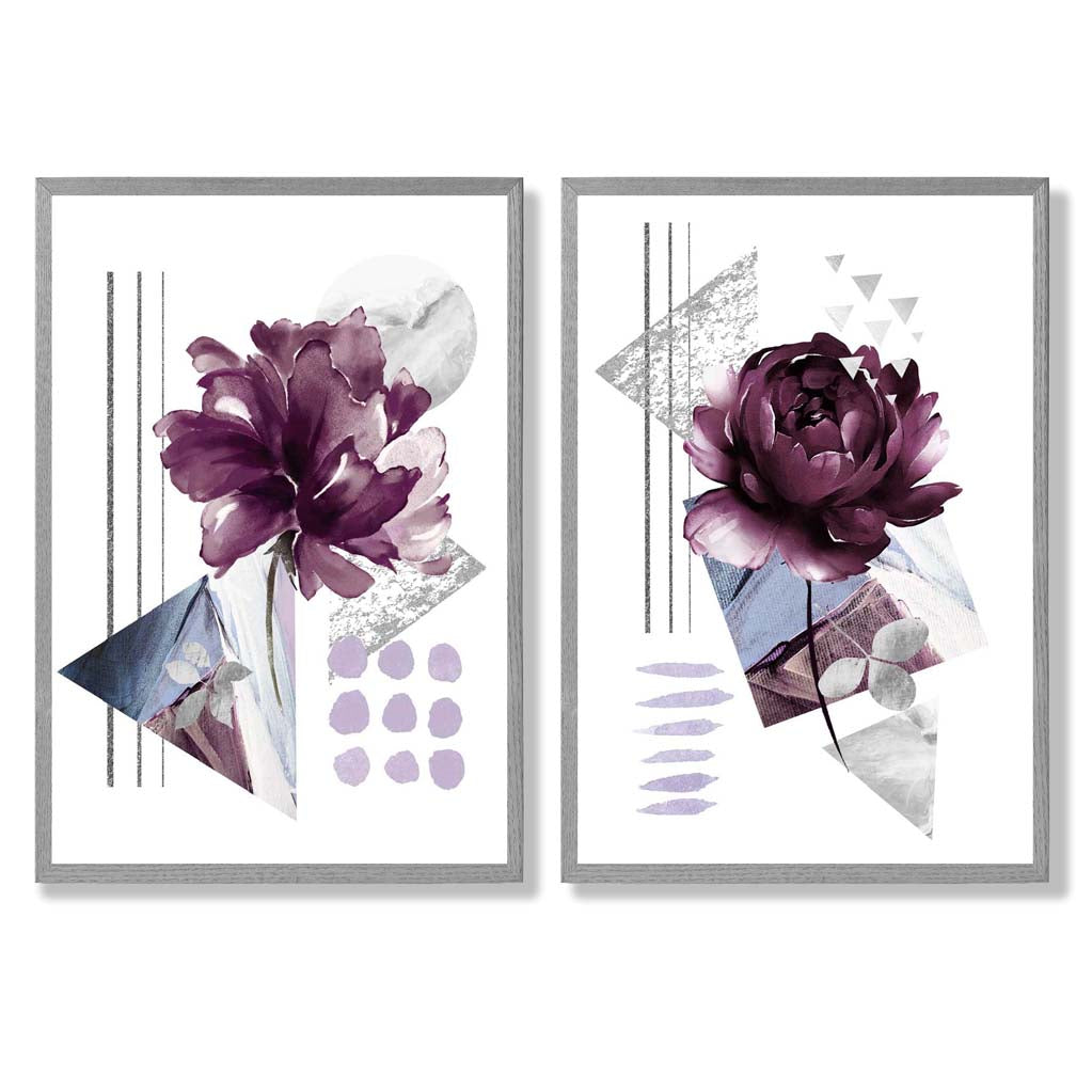 Contemporary Flowers in Purple Set of 2 Art Prints with Light Grey Frame