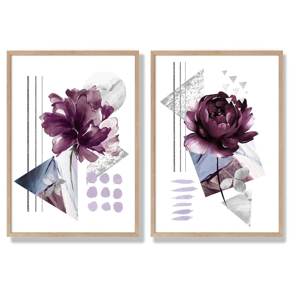Contemporary Flowers in Purple Set of 2 Art Prints with Oak Frame