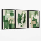Set of 3 Abstract Green and Beige Strokes Canvas Art Prints with Black Float Frame