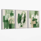 Set of 3 Abstract Green and Beige Strokes Canvas Art Prints with White Float Frame