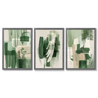 Set of 3 Abstract Green and Beige Strokes Framed Art Prints with Dark Grey Wooden Frames