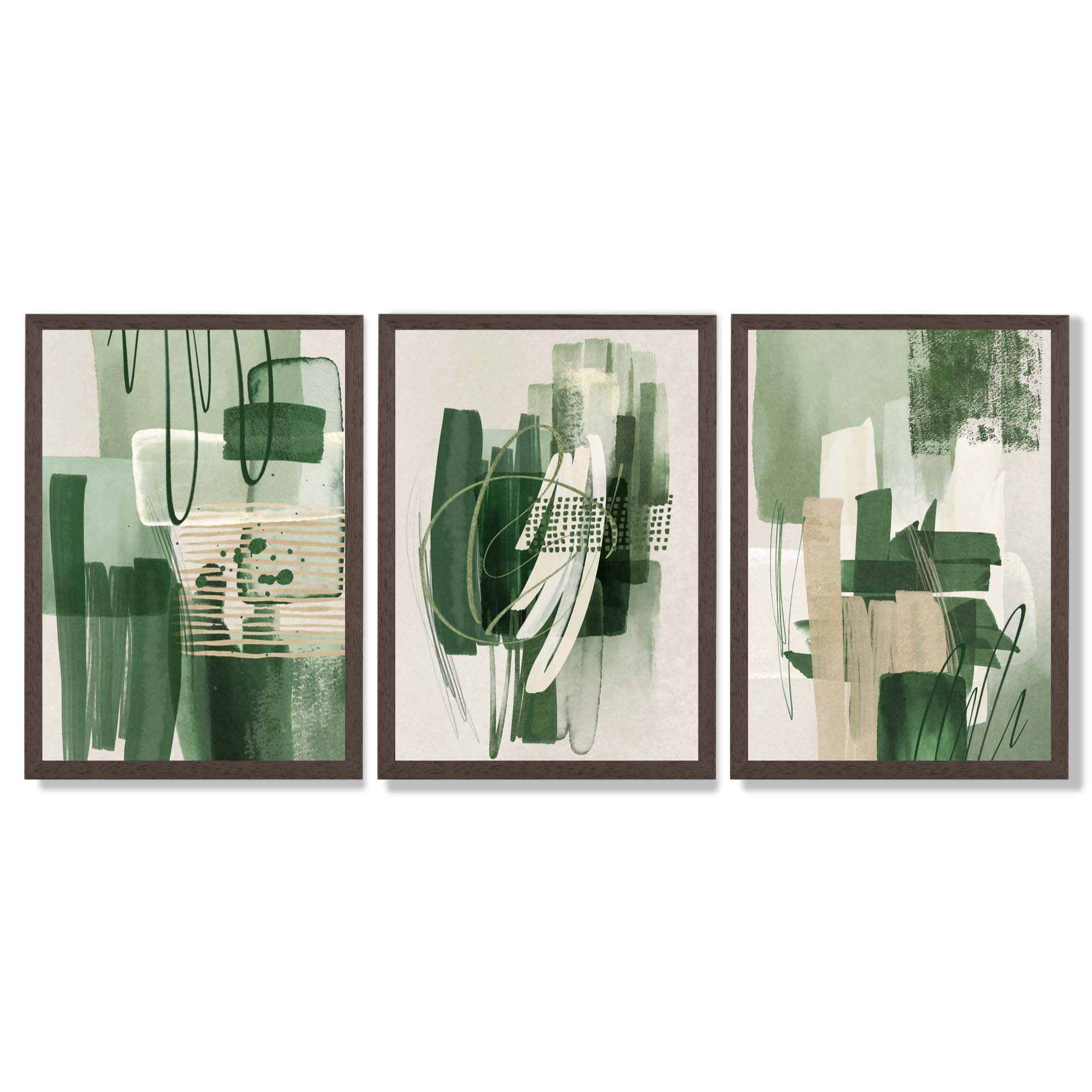 Set of 3 Abstract Green and Beige Strokes Framed Art Prints with Dark Wood Frames
