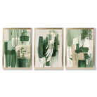 Set of 3 Abstract Green and Beige Strokes Framed Art Prints with Gold Wood Frames