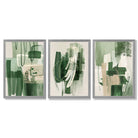 Set of 3 Abstract Green and Beige Strokes Framed Art Prints with Light Grey Wooden Frames
