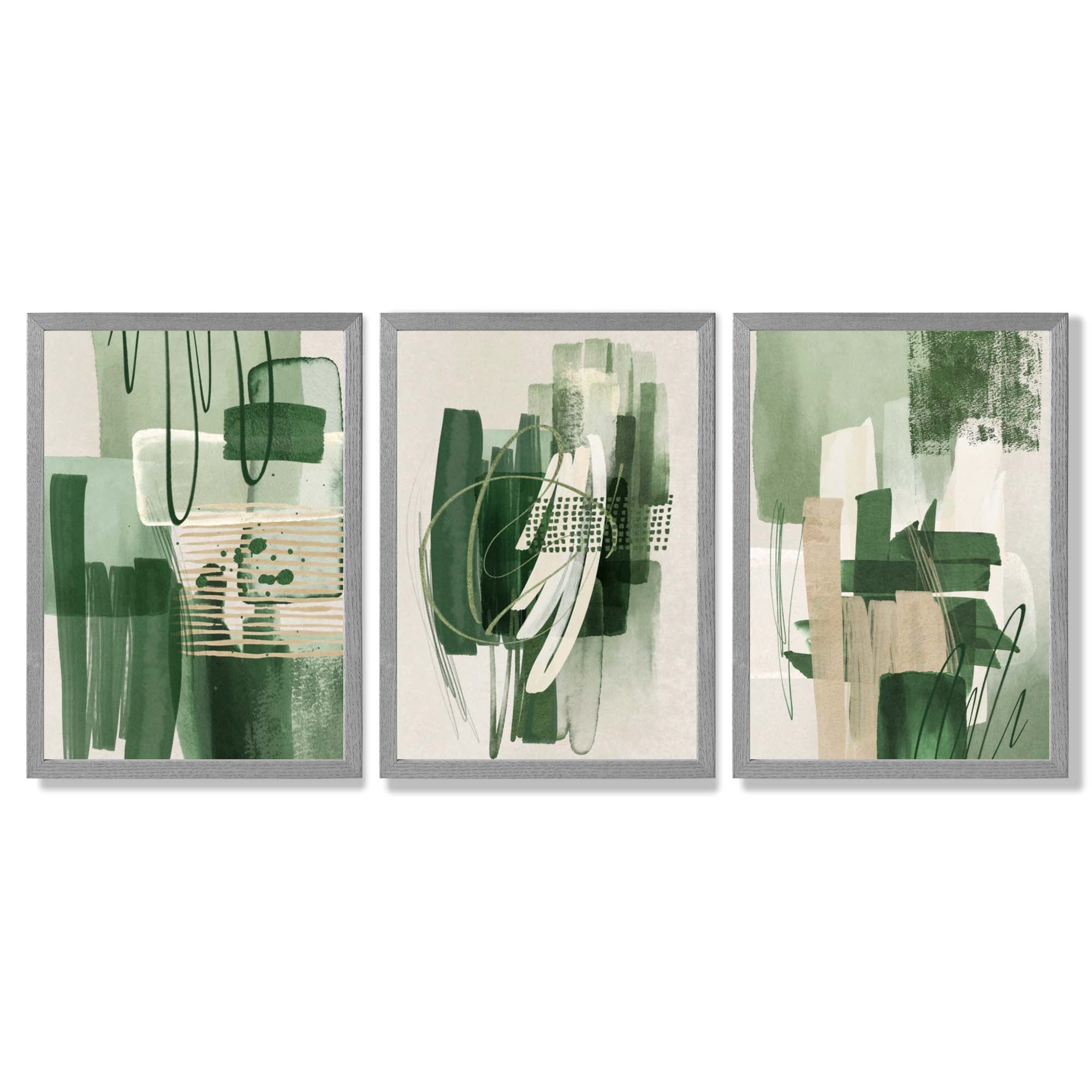 Set of 3 Abstract Green and Beige Strokes Framed Art Prints with Light Grey Wooden Frames