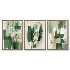 Set of 3 Abstract Green and Beige Strokes Framed Art Prints with Light Walnut Frames