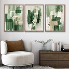 Set of 3 Abstract Green and Beige Strokes Art Prints in White Frames | Artze UK