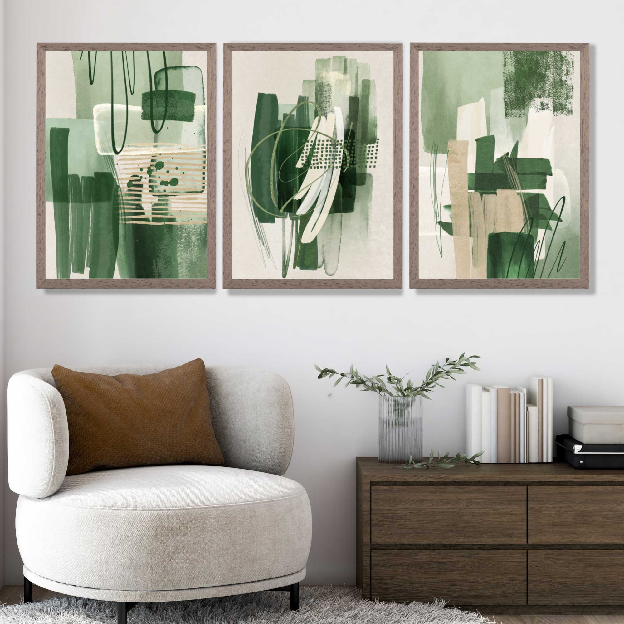 Set of 3 Abstract Green and Beige Strokes Art Prints in White Frames | Artze UK