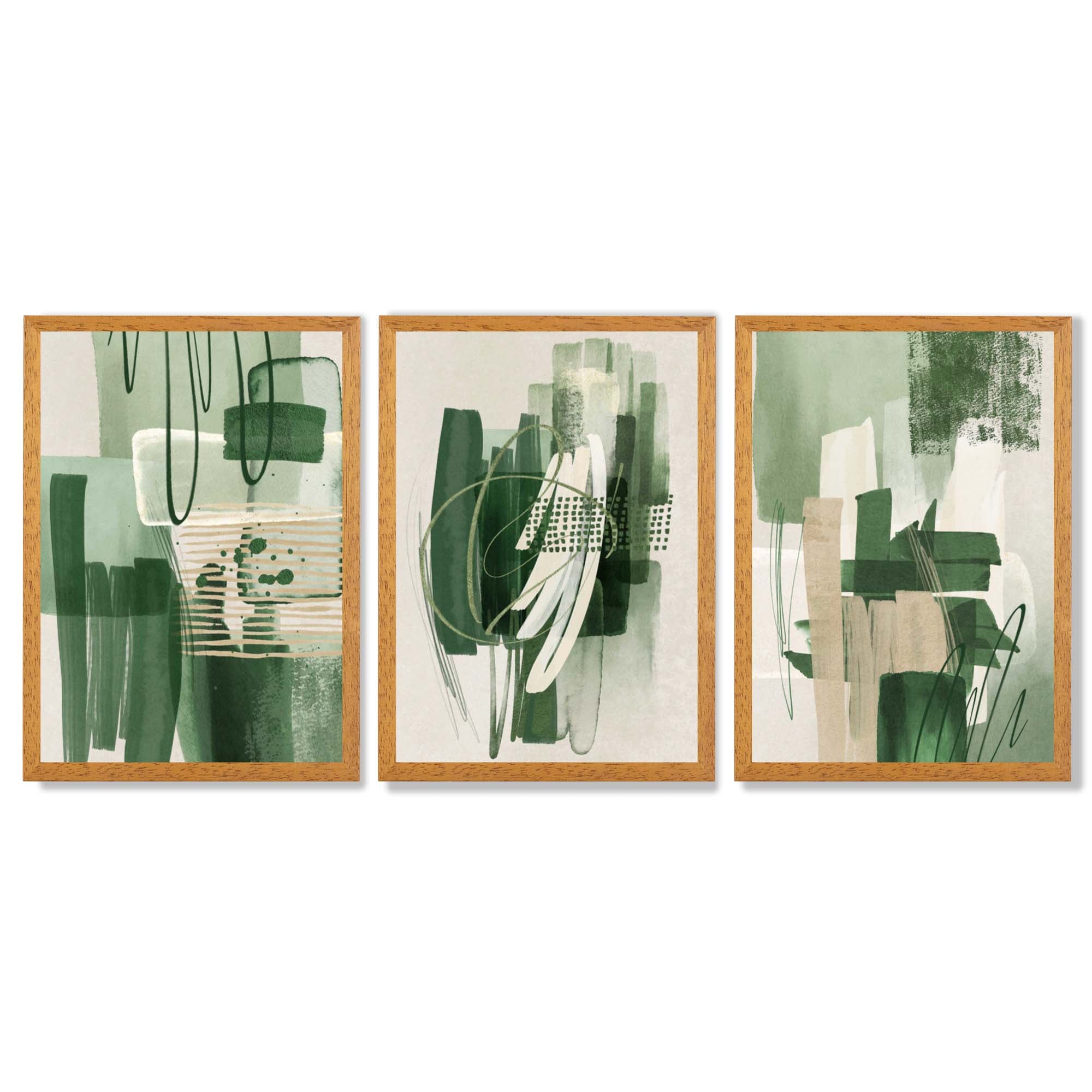 Set of 3 Abstract Green and Beige Strokes Framed Art Prints with Oak Wooden Frames