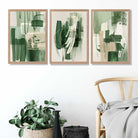 Set of 3 Abstract Green and Beige Strokes Art Prints in Oak Frames | Artze UK