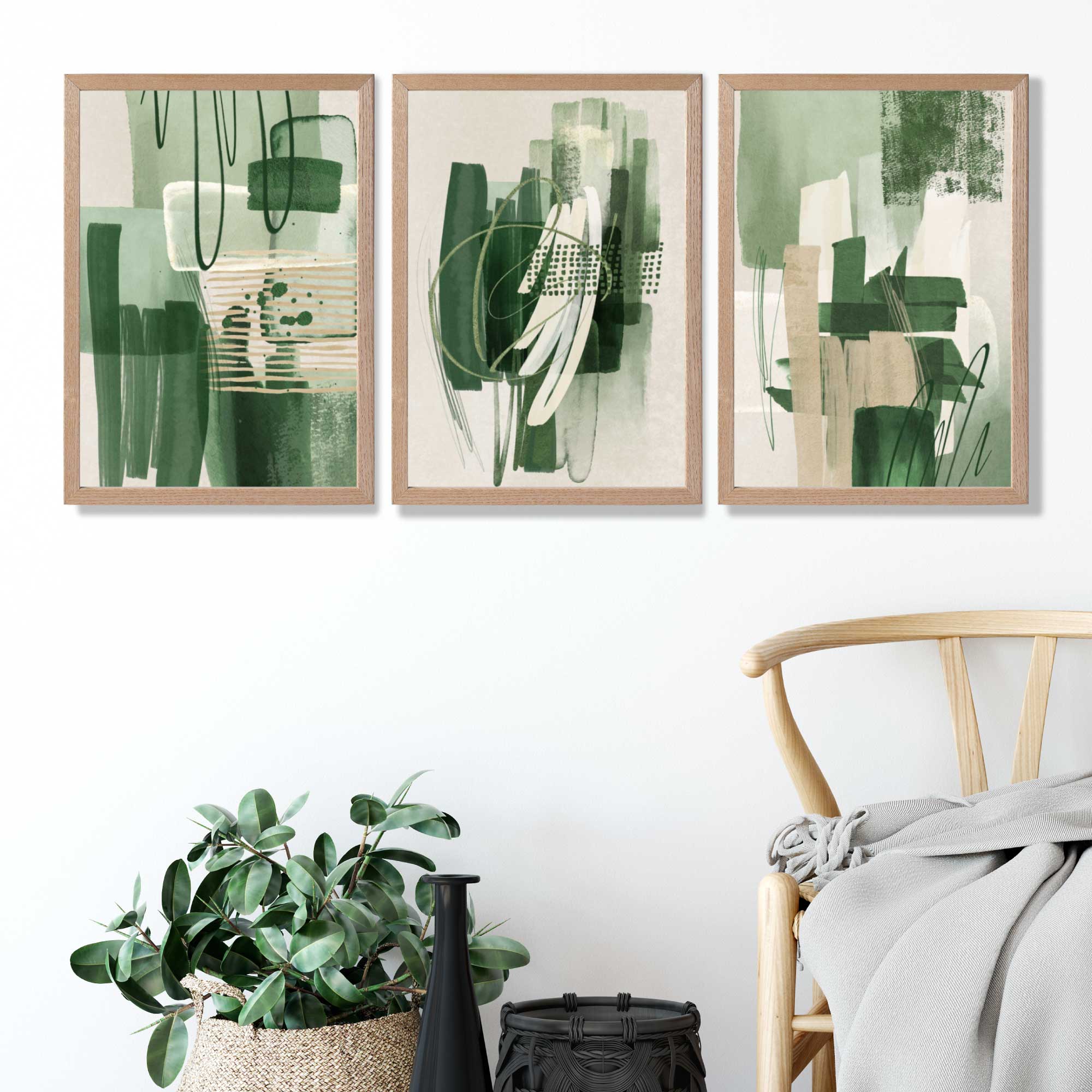 Set of 3 Abstract Green and Beige Strokes Art Prints in Oak Frames | Artze UK