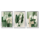 Set of 3 Abstract Green and Beige Strokes Framed Art Prints with Silver Wood Frames