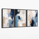 Set of 3 Abstract Blue and Beige Strokes Canvas Art Prints with Black Float Frame
