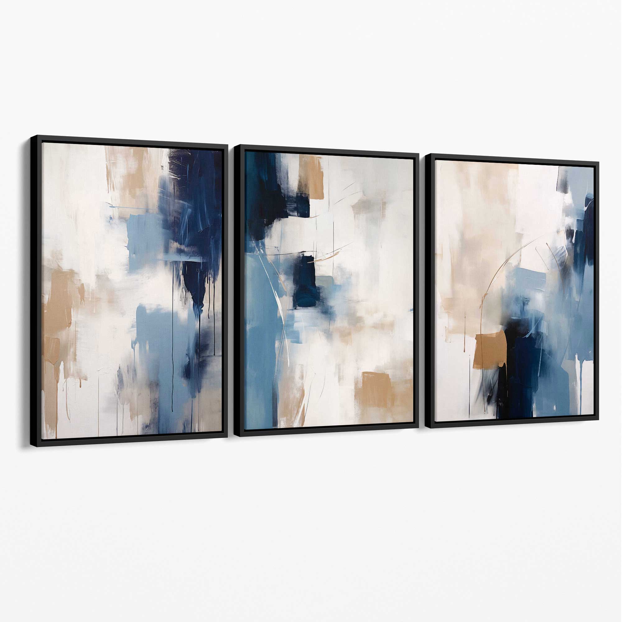 Set of 3 Abstract Blue and Beige Strokes Canvas Art Prints with Black Float Frame