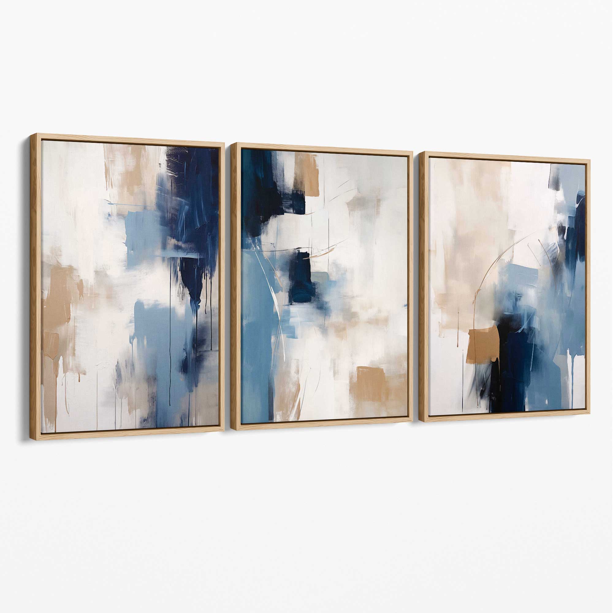 Set of 3 Abstract Blue and Beige Strokes Canvas Art Prints with Oak Float Frame