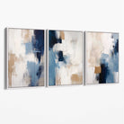 Set of 3 Abstract Blue and Beige Strokes Canvas Art Prints with White Float Frame