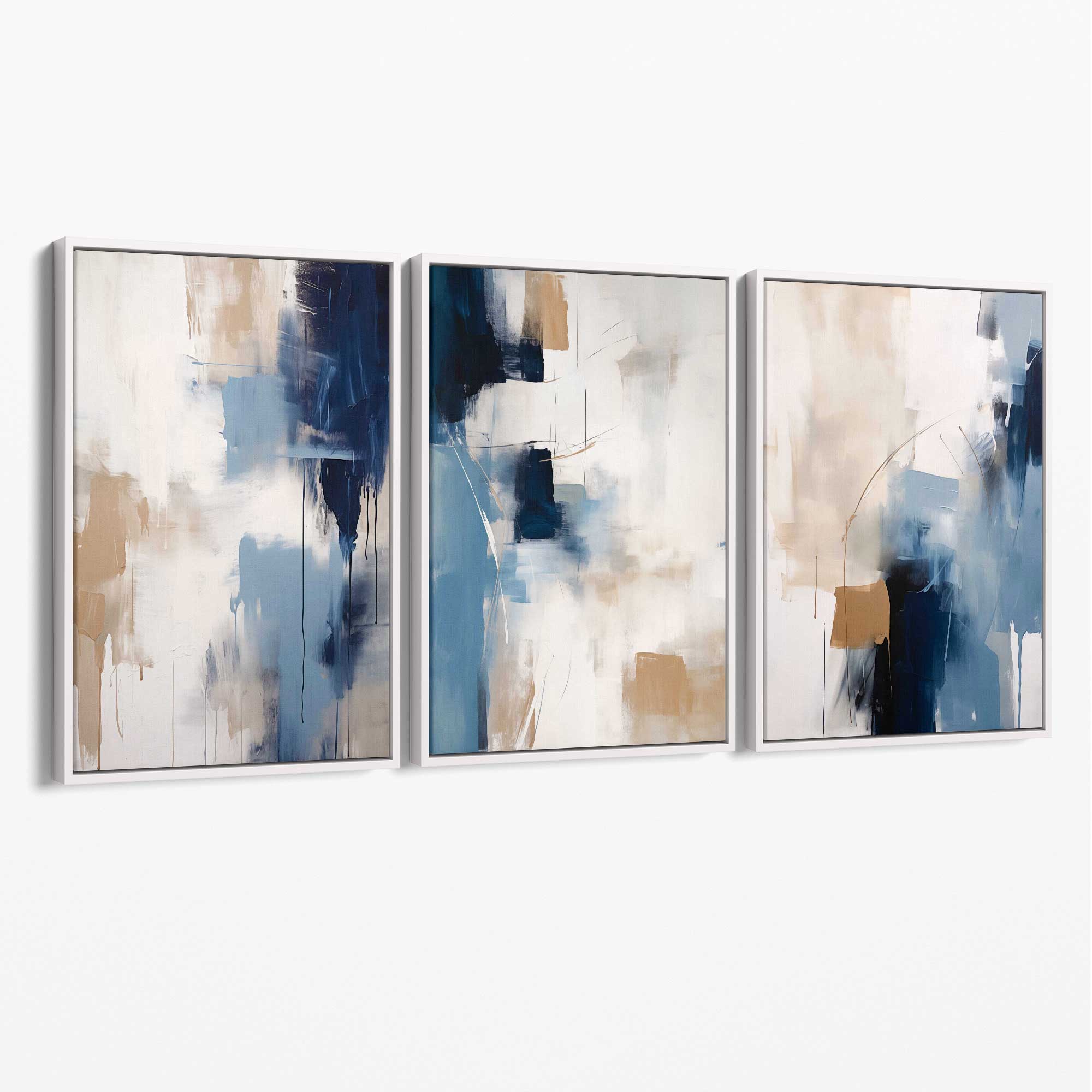 Set of 3 Abstract Blue and Beige Strokes Canvas Art Prints with White Float Frame