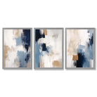 Set of 3 Abstract Blue and Beige Strokes Framed Art Prints with Light Grey Wooden Frames