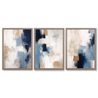 Set of 3 Abstract Blue and Beige Strokes Framed Art Prints with Light Walnut Frames
