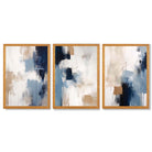Set of 3 Abstract Blue and Beige Strokes Framed Art Prints with Oak Wooden Frames
