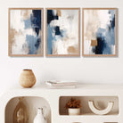 Set of 3 Abstract Blue and Beige Strokes Art Prints in Oak Frames | Artze UK