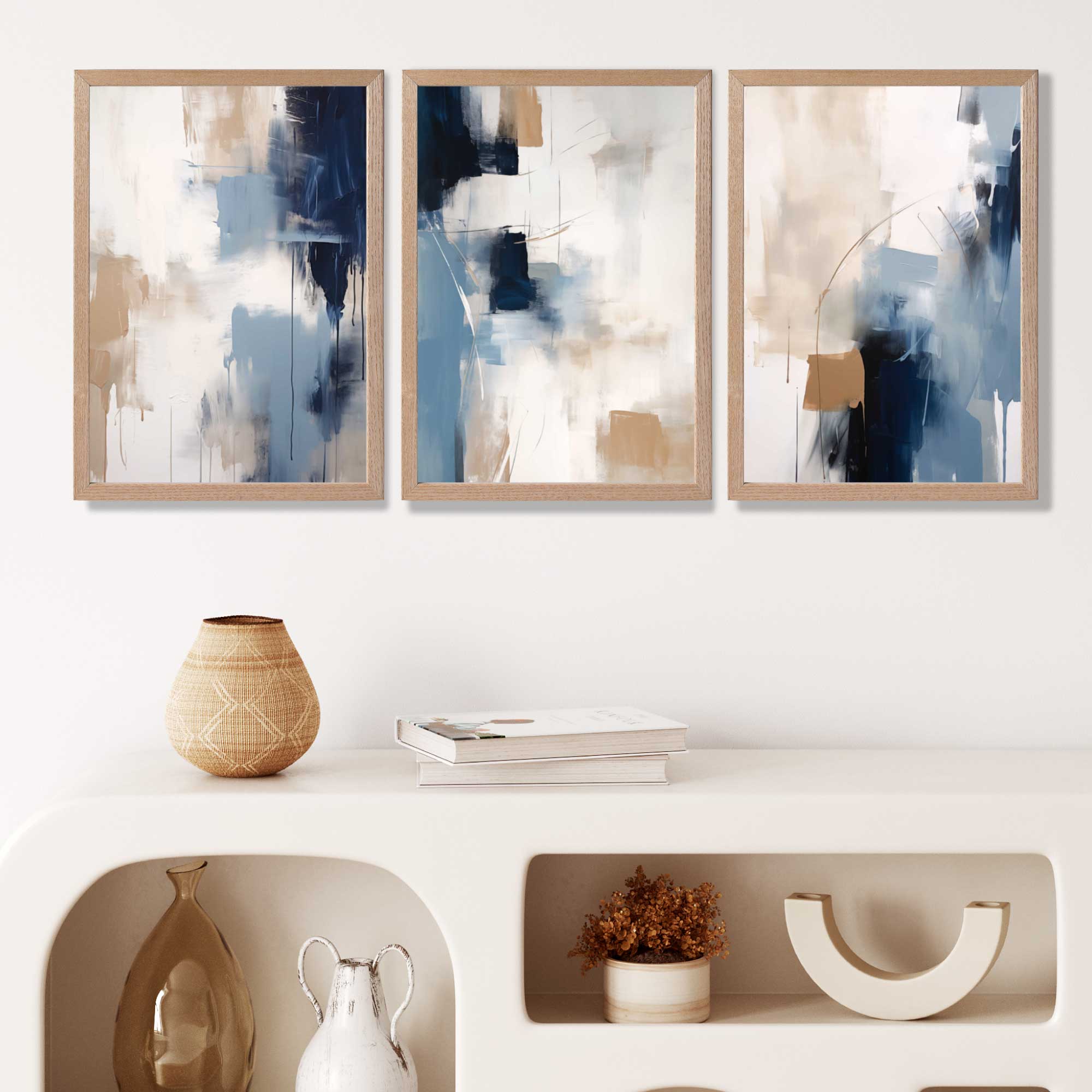 Set of 3 Abstract Blue and Beige Strokes Art Prints in Oak Frames | Artze UK