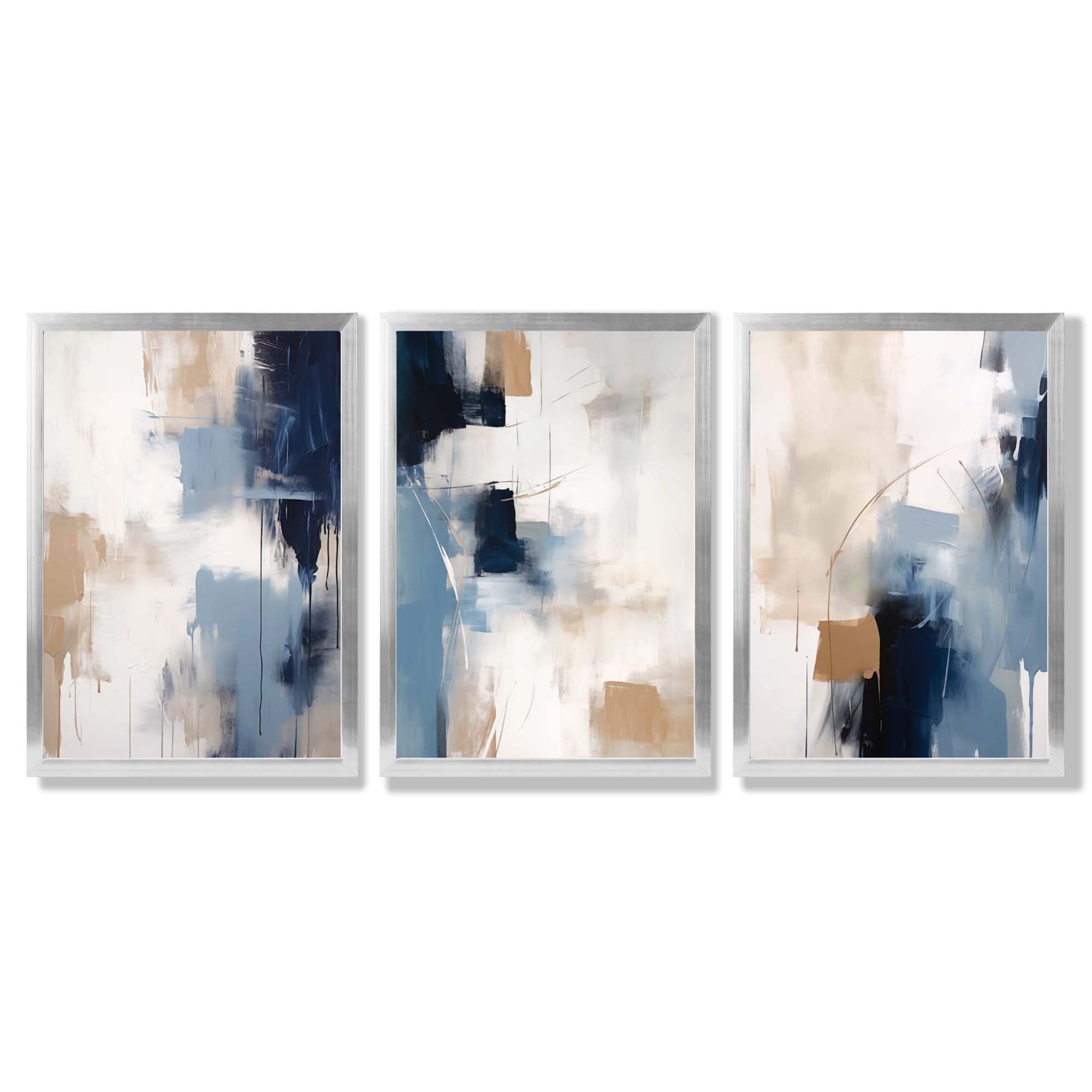 Set of 3 Abstract Blue and Beige Strokes Framed Art Prints with Silver Wood Frames