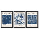 Set of 3 Navy Blue Picasso and Matisse Floral Framed Art Prints with Black Wooden Frames