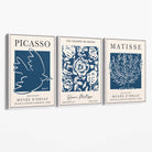 Set of 3 Navy Blue Picasso and Matisse Floral Canvas Art Prints with White Float Frame